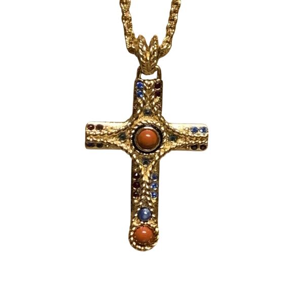 Camrose & Kross JBK Cross Necklace Gold w/ Blue & Red Stones/Crystals 20 Inches - Picture 1 of 12